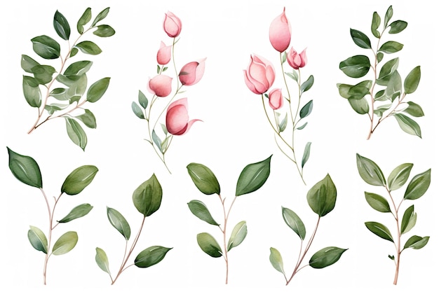 Ensemble de bordure de cadre floral aquarelle avec rose rose