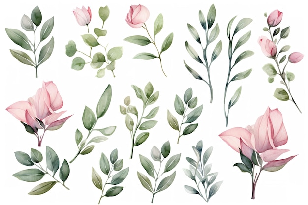 Ensemble de bordure de cadre floral aquarelle avec rose rose