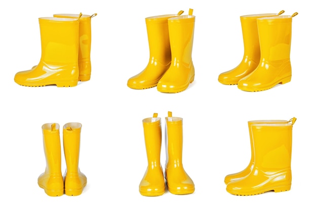 Ensemble de bottes en caoutchouc jaune isolé sur fond blanc