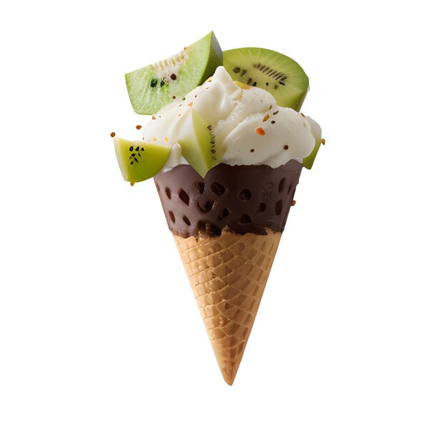 Ensemble de boules de crème glacée Kiwi dans des cônes de gaufre fond blanc