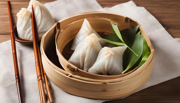 Photo un ensemble de boulettes chinoises avec des baguettes sur une table