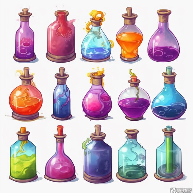 un ensemble de bouteilles de dessins animés avec différents liquides de couleur générative ai