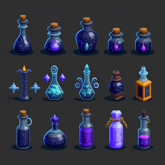 Un ensemble de bouteilles avec un liquide violet et les mots magiques.