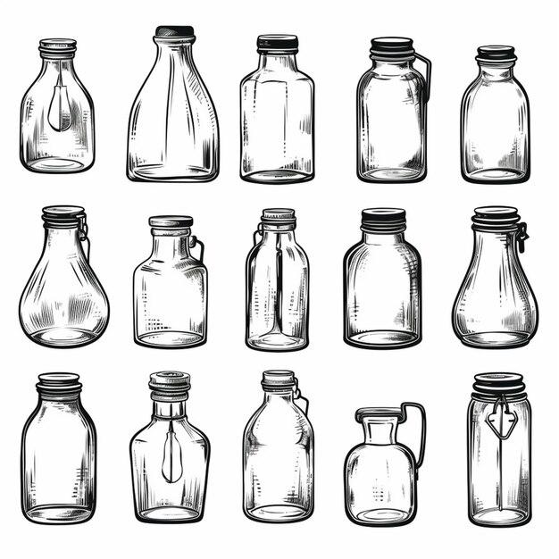 un ensemble de bouteilles en verre dessinées à la main de différentes formes et tailles