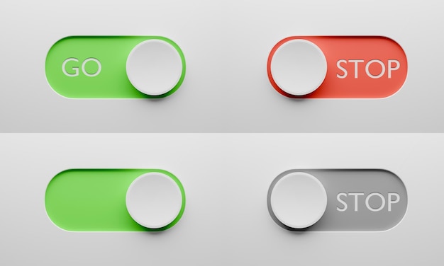 Ensemble de boutons de commutation GO et STOP Switch design pour l'application ou le site Web rendu 3d