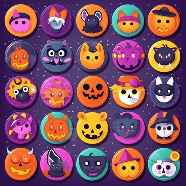 Un ensemble de boutons d'halloween avec différents visages générative ai