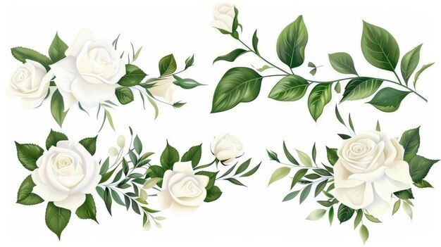 Photo un ensemble de branches florales fleur rose blanche feuilles vertes concept de mariage affiches florales et invitations arrangements modernes pour les cartes de vœux et les invitations