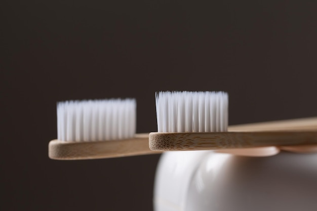 Un ensemble de brosses à dents en bois de bambou écologiques dans un support en forme de dent