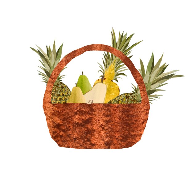 Ensemble brun demi-panier de fruits poire ananas. Une illustration à l'aquarelle. Texture et isolat dessinés à la main