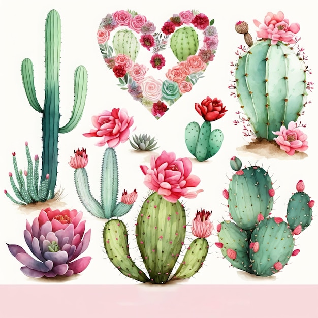 Ensemble de cactus aquarelle saint valentin