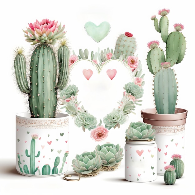 Ensemble de cactus aquarelle saint valentin