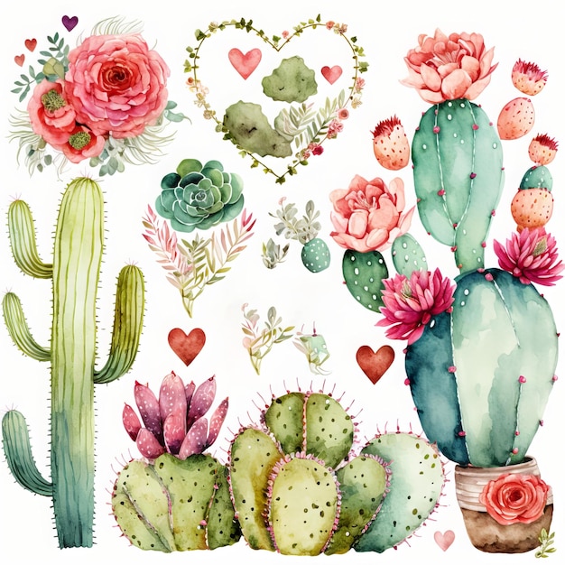 Ensemble de cactus aquarelle saint valentin