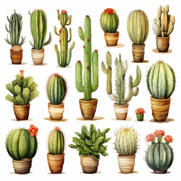 ensemble de cactus aquarelle