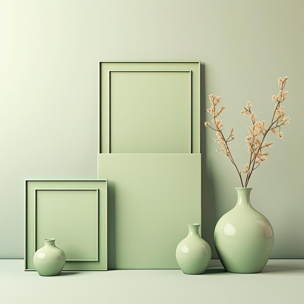 Photo un ensemble de cadres d'images avec de l'art en vase vert sur fond blanc dans le style de couleur chaude