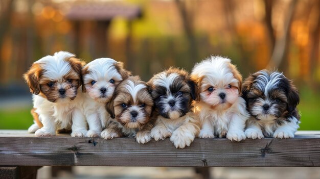 Photo un ensemble captivant de chiots de shihtzu posent sur un banc en plein air en regardant la caméra