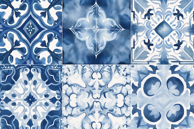 Un ensemble de carreaux bleus et blancs avec un motif de différentes formes.