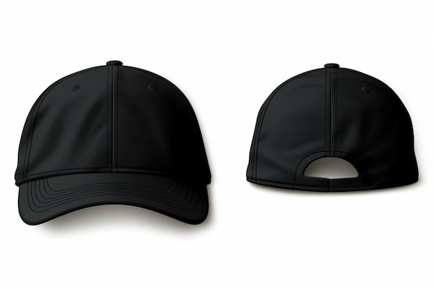 Ensemble de casquettes de baseball noires à vue avant et latérale sur un fond transparent avec un découpage esthétique