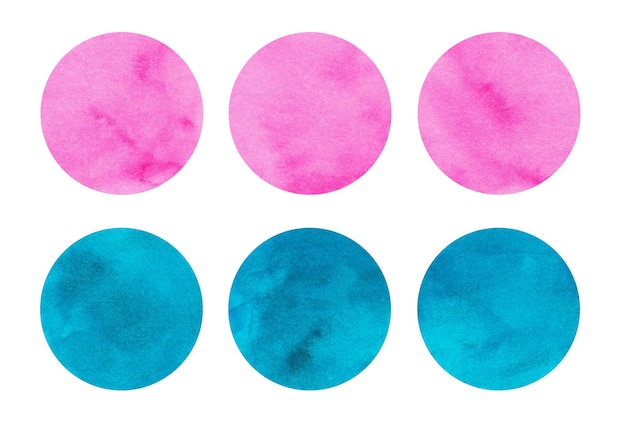 Ensemble de cercles aquarelles colorés Formes géométriques rondes abstraites roses et turquoises sur fond blanc Taches multicolores aquarelles sur superposition de texture de papier Modèle pour votre conception