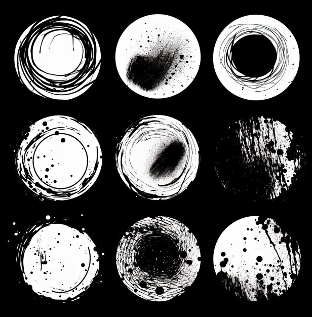 ensemble de cercles en noir et blanc avec des tourbillons sur les bords dans le style de la peinture éclaboussée