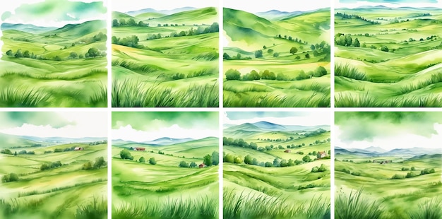 Ensemble de champs d'herbe verte avec des montagnes illustration peinte à la main à l'aquarelle