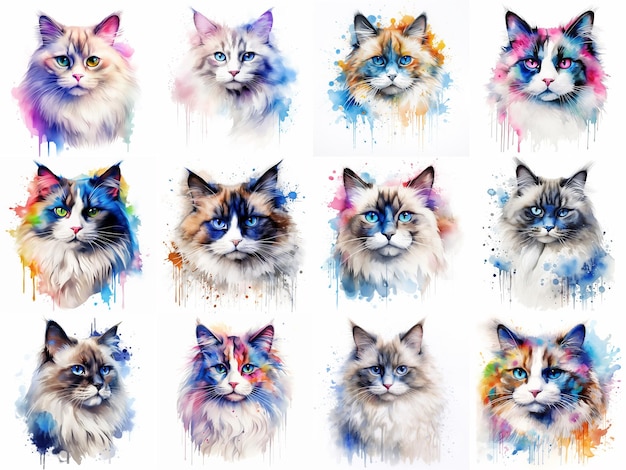 Ensemble de chats peints à l'aquarelle sur fond blanc de manière réaliste arc-en-ciel coloré Idéal pour le matériel pédagogique, les livres et les designs sur le thème de la nature Icônes d'éclaboussure de peinture de chat créées par l'IA