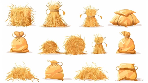 L'ensemble de chaume est isolé sur un fond blanc Illustration de dessin animé moderne d'une balle de paille Un tas de foin et d'herbe sèche dans un sac à cordes