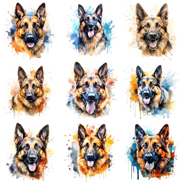 Ensemble de chiens de race berger allemand peints à l'aquarelle sur fond blanc de manière réaliste