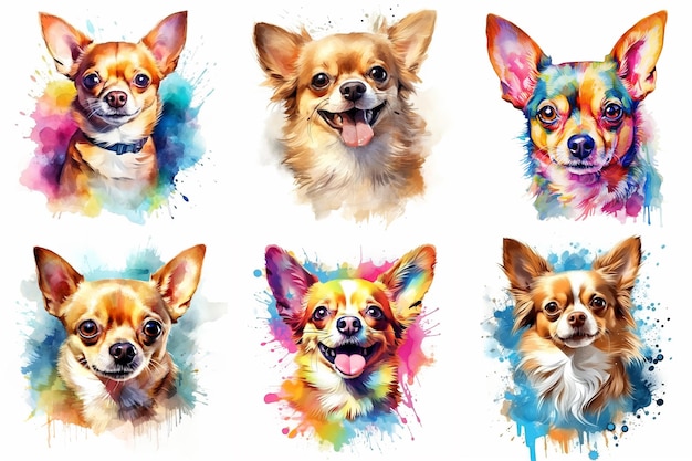 Ensemble de chiens de race chihuahua peints à l'aquarelle sur fond blanc de manière réaliste idéale