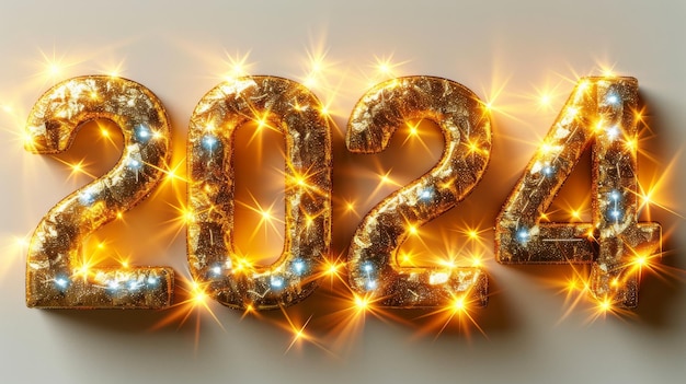 Un ensemble de chiffres d'or 2024 pour les cartes de vœux, les bannières et les affiches Différents modèles de nombres d'or 2024 avec des effets de lumière lumineuse, des horloges et des anneaux brillants isolés sur blanc