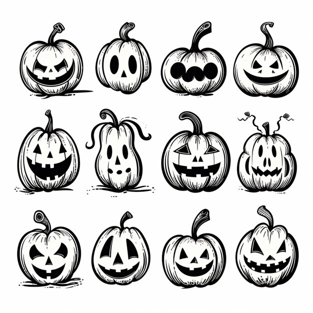 un ensemble de citrouilles d'Halloween avec des visages dessinés à l'encre générative ai