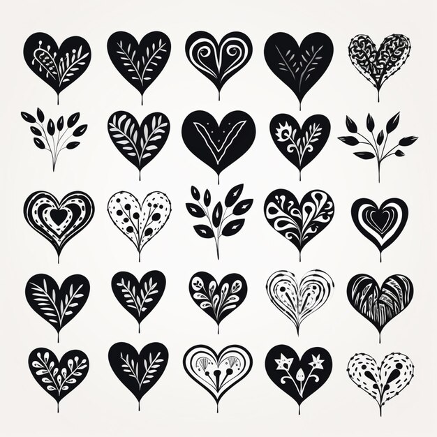 un ensemble de cœurs noirs et blancs avec des feuilles et des fleurs génératives ai
