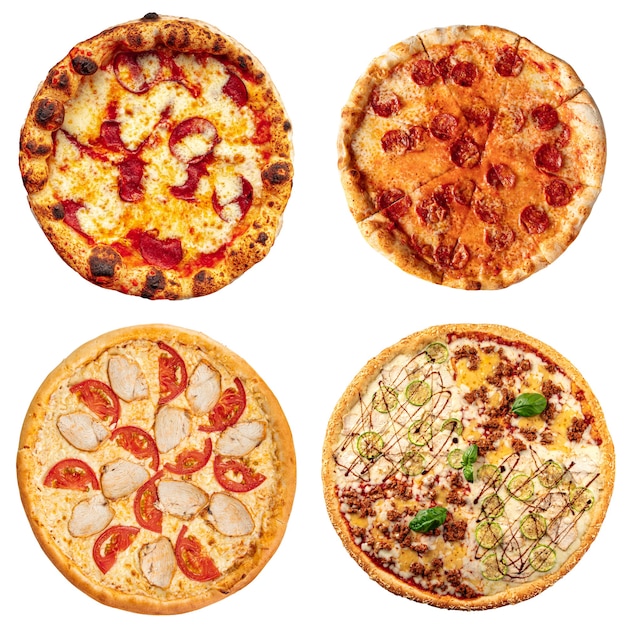 Ensemble de collage de quatre pizzas différentes pour le menu isolé