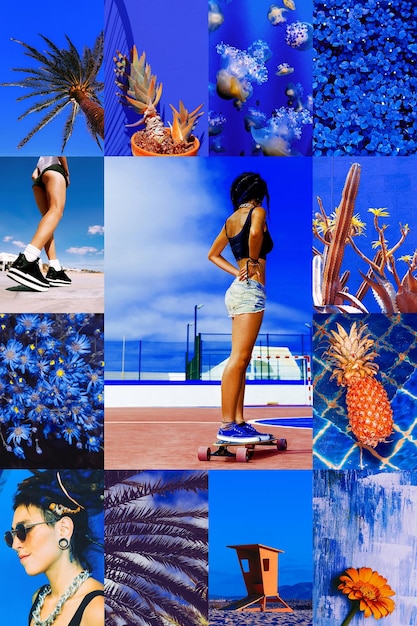 Photo ensemble de collages photo esthétiques à la mode images minimalistes d'une couleur supérieure deep tropical blue moodboard d'été