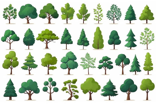 Photo ensemble de collections d'arbres forestiers à feuilles caduques et à feuilles persistantes dans une conception vectorielle plate isolée sur fond blanc