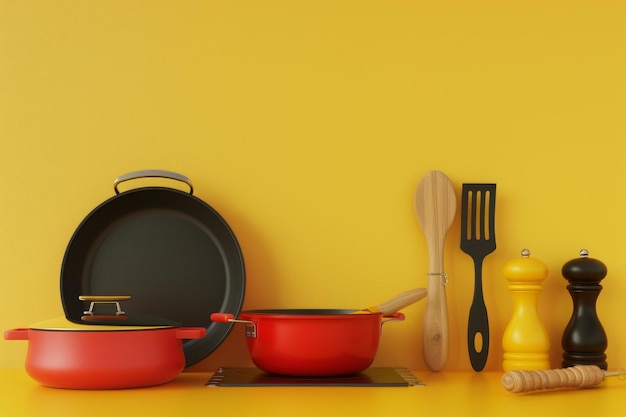 Un ensemble coloré de pots et de casseroles est affiché sur un fond rouge