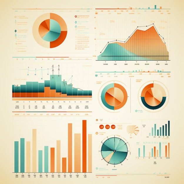 Photo un ensemble complet d'analyses commerciales et de graphiques de visualisation de données rendus dans un style de conception graphique vintage avec une palette de couleurs de cyan clair ambre rouge clair et vert clair