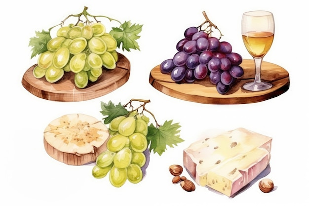 Un ensemble de compositions d'apéritifs de vin, de raisins au fromage sur des assiettes en bois dans le style de l'aquarelle.