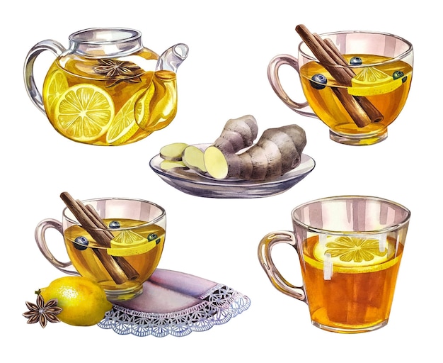 Photo un ensemble de compositions avec du thé antiviral parfumé au citron illustration dessinée à la main à l'aquarelle