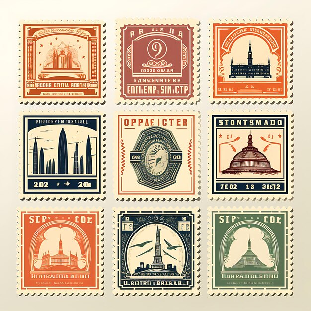 Un ensemble de conception 2D de timbre postal avec un emballage d'étiquette de couleur plate créative de vecteur de cadre de style vintage