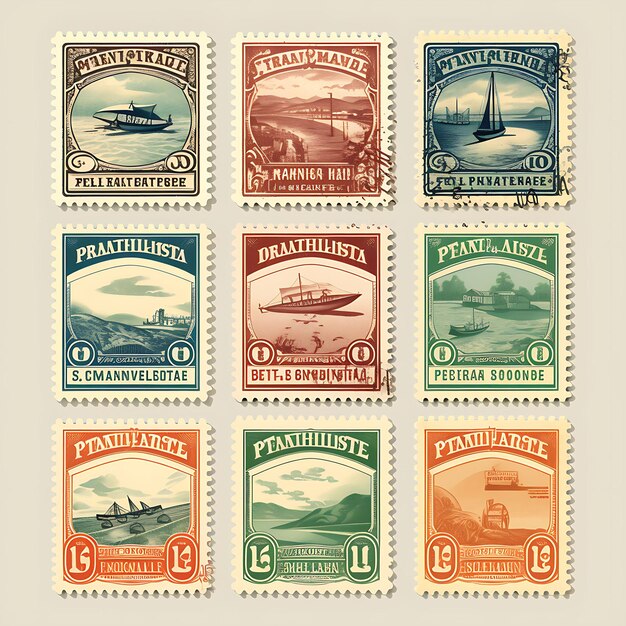 Un ensemble de conception 2D de timbre postal avec un emballage d'étiquette de couleur plate créative de vecteur de cadre de style vintage