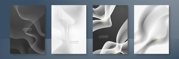 Ensemble de conception de couverture moderne Courbes d'onde de modèle de ligne abstraite d'or dans les couleurs premium noir et or Disposition de vecteur de bande ondulée de luxe pour le modèle de brochure de certificat de fond d'affaires