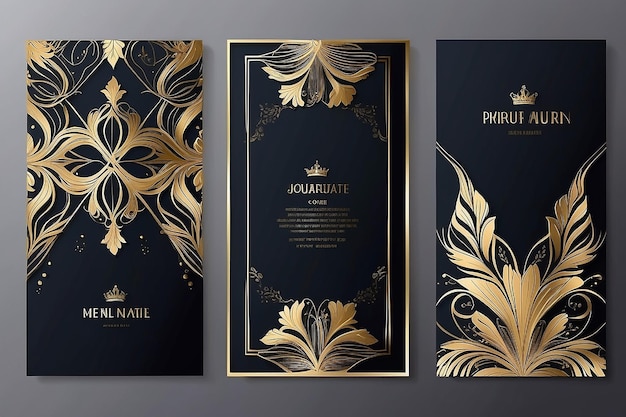 Ensemble de conception de couverture premium de luxe fond abstrait avec motif de ligne dorée modèle vectoriel royal pour invitation formelle de menu premium