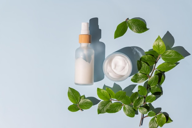 Ensemble de cosmétiques naturels pour le traitement du visage Produits biologiques dans des bouteilles en verre essence de crème et huile essentielle pour une peau jeune et saine avec des ingrédients naturels