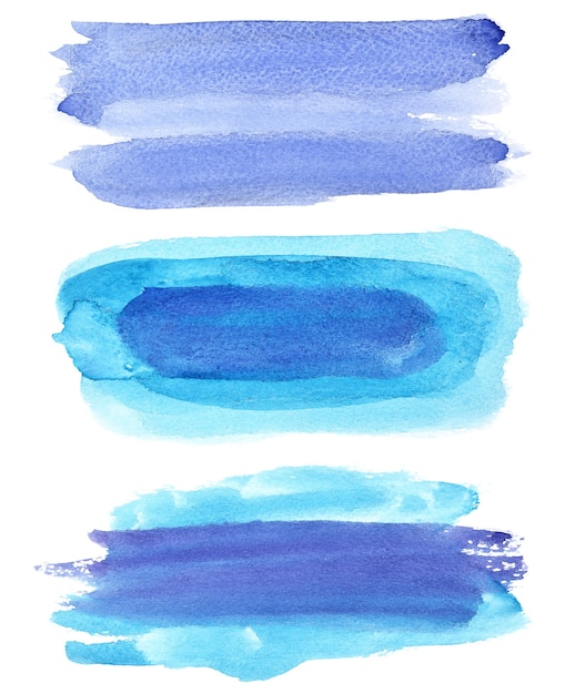 Ensemble de coups de pinceau aquarelle bleu isolé sur fond blanc