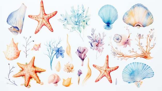 Ensemble de créatures marines aquarelles et de poissons animaux marins Generative AI