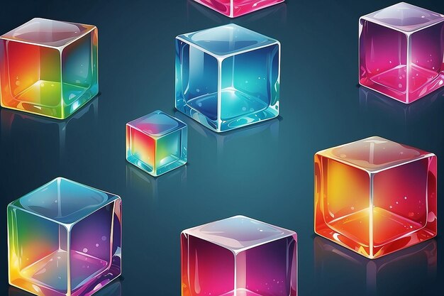 Photo ensemble de cubes brillants transparents 3d avec effet de dispersion verre de réflexion aux couleurs de l'arc-en-ciel illustration vectorielle