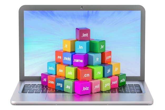 Ensemble de cubes colorés avec des noms de domaine et un rendu 3D sur ordinateur portable