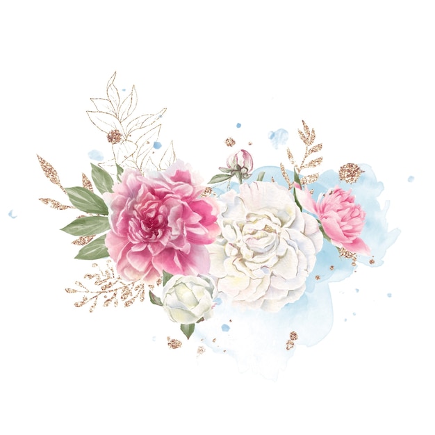 Ensemble de délicates pivoines rouges et blanches Illustration aquarelle