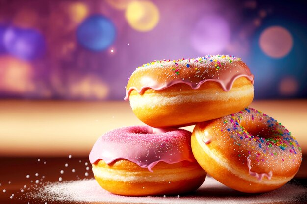 Photo ensemble de délicieux beignets au sucre pour une collation rapide sur fond flou