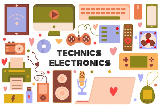 Ensemble de dessins animés plats électroniques de différentes techniques. Dans cette image, vous pouvez trouver quelque chose